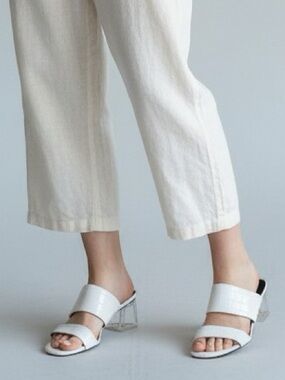 French Connection Double Band Lucite Heeled Sandals White Croc Embossed 10